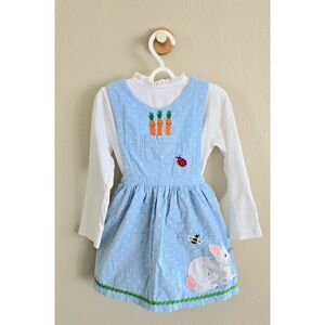 VGUC Baby Boden Corduroy Bunny Pinafore & Shirt Set In Sky Blue Bunnies, Sz18/24